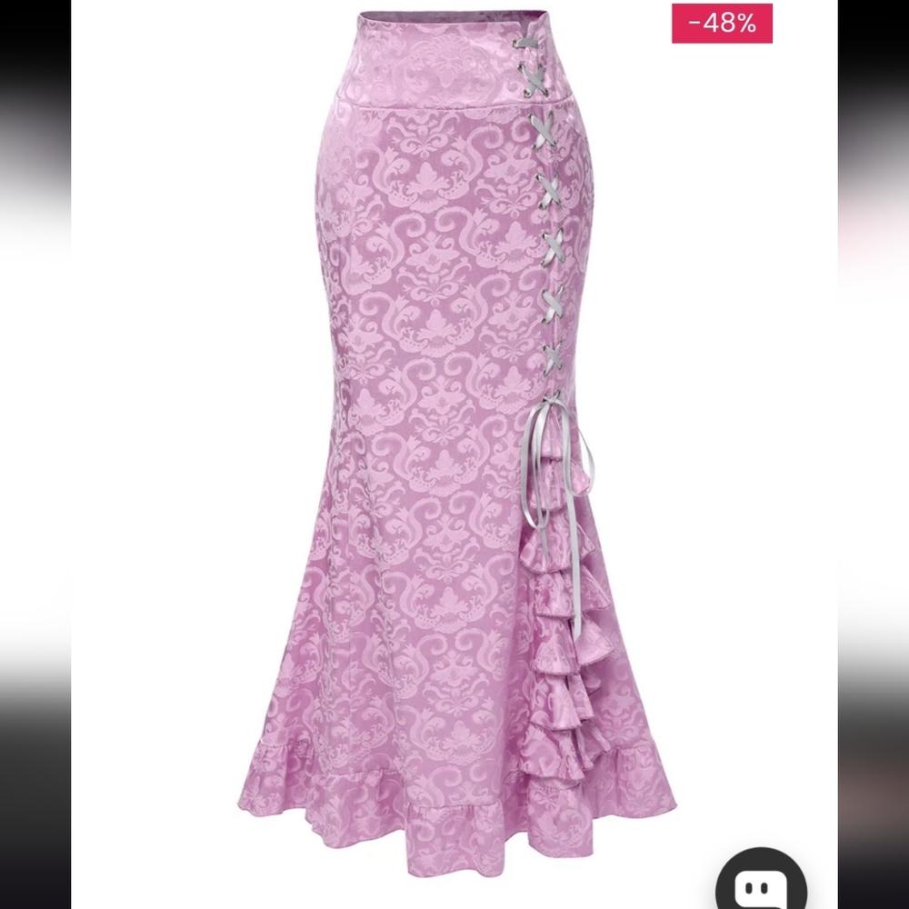 Pink Lace-Up Ruffle Fishtail Maxi Skirt Medium Floral Damask Victorian Goth
